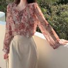 Ruffle Trim Floral Blouse With Camisole / Plain Midi A-line Skirt