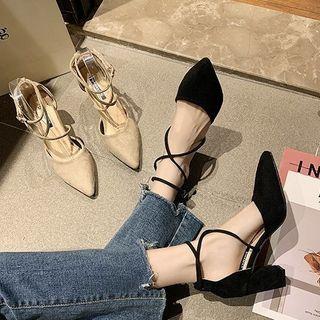 Pointed Block Heel Cross Strap Sandals