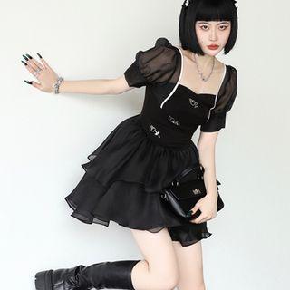 Puff-sleeve Mesh Layered Mini A-line Dress