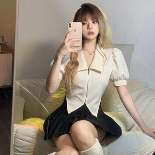Puff-sleeve Collar Zip-up Top / Pleated Mini A-line Skirt