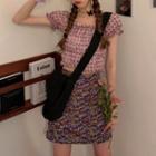 Puff-sleeve Chiffon Crop Top / Floral Print Mini Skirt