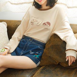 Bread Print Contrast-trim Long-sleeve Top