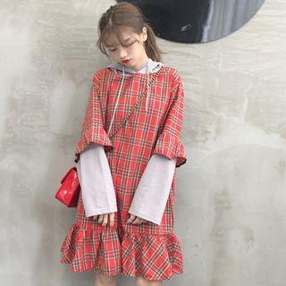Color Panel Plaid Hoodie Dress