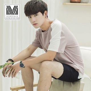 Mock Two-piece Short-sleeve Loose-fit Crewneck Pocketed Plain T-shirt