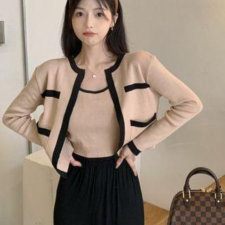 Set : Color Block Camisole Top + Long-sleeve Cardigan