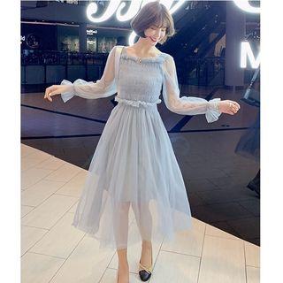 Set: Long-sleeve Frill-trim Midi A-line Mesh Dress + Knit Slipdress