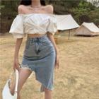 Off-shoulder Cropped Blouse / Midi A-line Denim Skirt