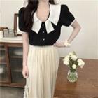 Short-sleeve Two-tone Blouse / Plain Midi Skirt