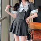 Set: Short-sleeve Lace Collar Cropped Blouse + Pleated Mini A-line Skirt