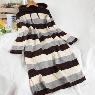 Striped Slit Midi Hoodie Dress