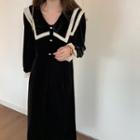 Long-sleeve Layered Collared Lace Trim Velvet Dress Black - One Size