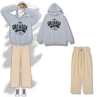 Lettering Hoodie / Paperbag Waist Straight Cut Pants