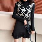 Long-sleeve Mock Neck Top / Houndstooth Knit Vest / Mini A-line Pleated Skirt