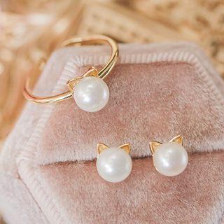 Cat Ear Faux Pearl Sterling Silver Ring / Earring