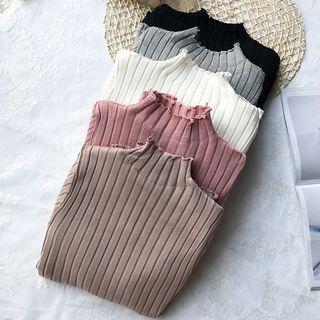 Long-sleeve Fleece-lined Mock Neck Ribbed Knit Top