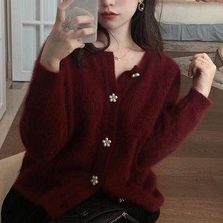 Faux Pearl Button-up Cardigan Red - One Size