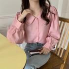 Puff-sleeve Plain Blouse Pink - One Size