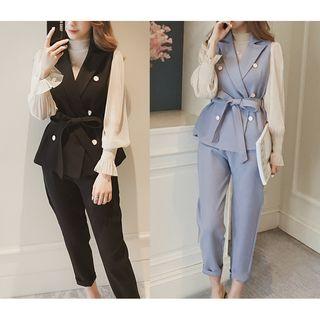 Set: Ruffled Long-sleeved Blouse + Vest + Dress Pants