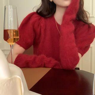 Set: Short-sleeve Plain Sweater + Arm Sleeves
