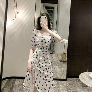 Short-sleeve Dot Print Drawstring Midi Dress