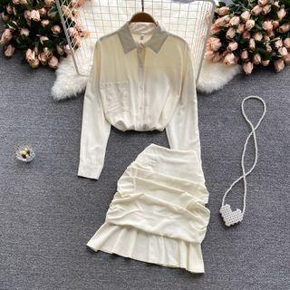 Set Of 2 : Long-sleeve Big-pocket Shirt + Plain Ruched Skirt