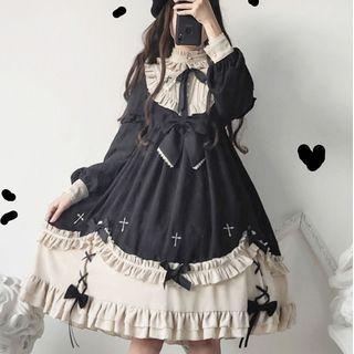 Long-sleeve Frill Trim Lolita Dress / Bow Headband / Set