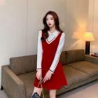 Mock Two-piece Long-sleeve Collared Knit Mini A-line Dress