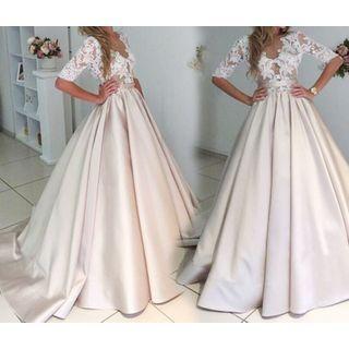 Short-sleeve Lace Panel A-line Lace Evening Gown
