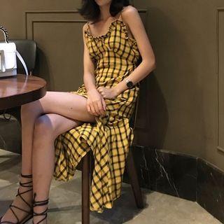 Spaghetti Strap Plaid A-line Dress Yellow - One Size