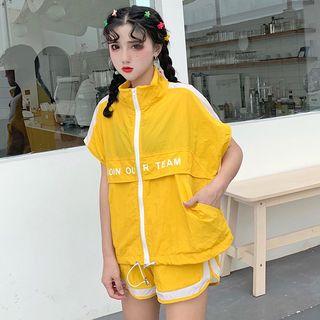 Set: Short-sleeve Letter Zip Jacket + Shorts