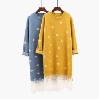 Mock Two-piece Long-sleeve Dotted Lace Panel Knit Dress
