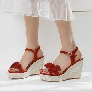 Genuine Suede Ribbon Accent Espadrille Wedge Platform Sandals