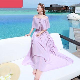 Plain Off Shoulder Elbow Sleeve Maxi Dress