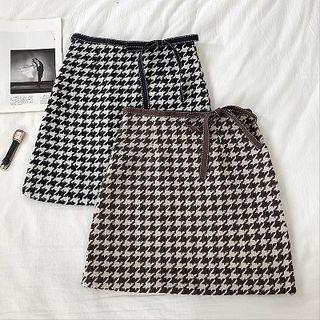 Houndstooth High-waist Lace-up A-line Skirt