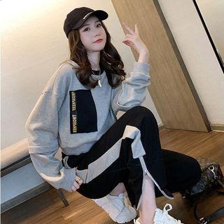 Set: Applique Pullover + Cape + Contrast Trim Harem Pants