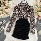 V-neck Leopard Printed Long-sleeve Dress