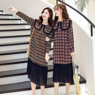 Plaid Long-sleeve Ruffle Trim Shirt Dress