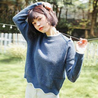 Mock Neck Scalloped Hem Sweater