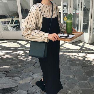 Long-sleeve Striped Top / Spaghetti Strap Midi Dress