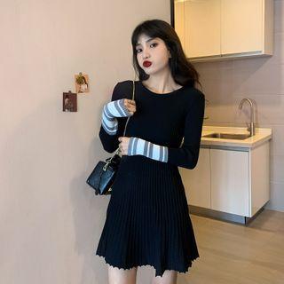 Long-sleeve Striped Knit A-line Dress
