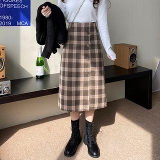 Slit Plaid Woolen A-line Skirt