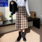 Slit Plaid Woolen A-line Skirt