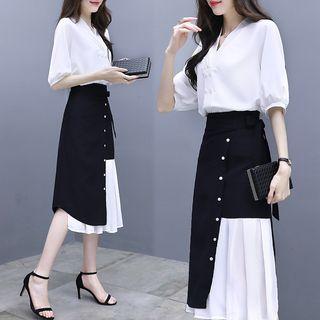 Set: V-neck Elbow-sleeve Blouse + High Waist A-line Skirt