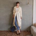 Slit-side Textured Knit Long Cardigan With Sash