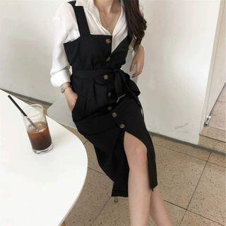 Set: Long-sleeve Plain Shirt + Buttoned Midi Pinafore Dress
