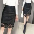 Lace Trim Faux Leather Fitted Skirt