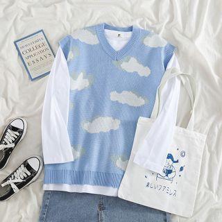 Long-sleeve Plain T-shirt / Cloud Print Sweater Vest