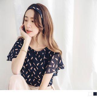 Flutter Short Sleeve Feather Print Top