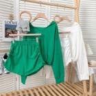 Set: Tie-hem Hooded Sweatshirt + Drawstring-side Sweatshorts