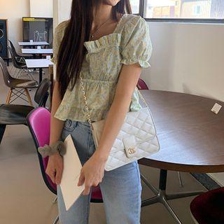 Short-sleeve Floral Print Frill Trim Crop Top As Shown In Figure - One Size